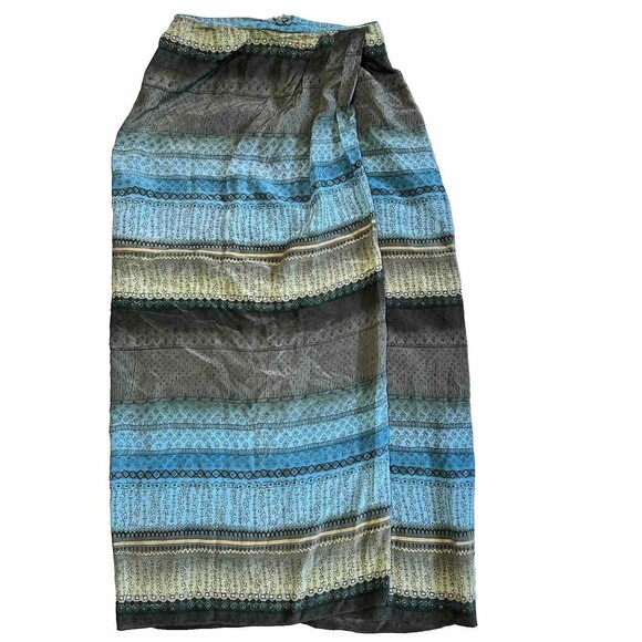 Vintage SPENCER JEREMY 100% Silk Long Skirt Sz 8 Floral Blue Olive Faux Wrap - Picture 1 of 7